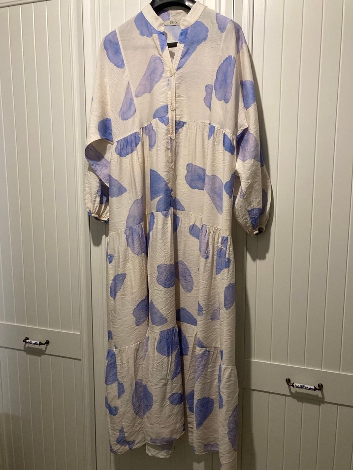 Kadın Mavi Batik Desenli Uzun Keten Elbise - Görsel 2