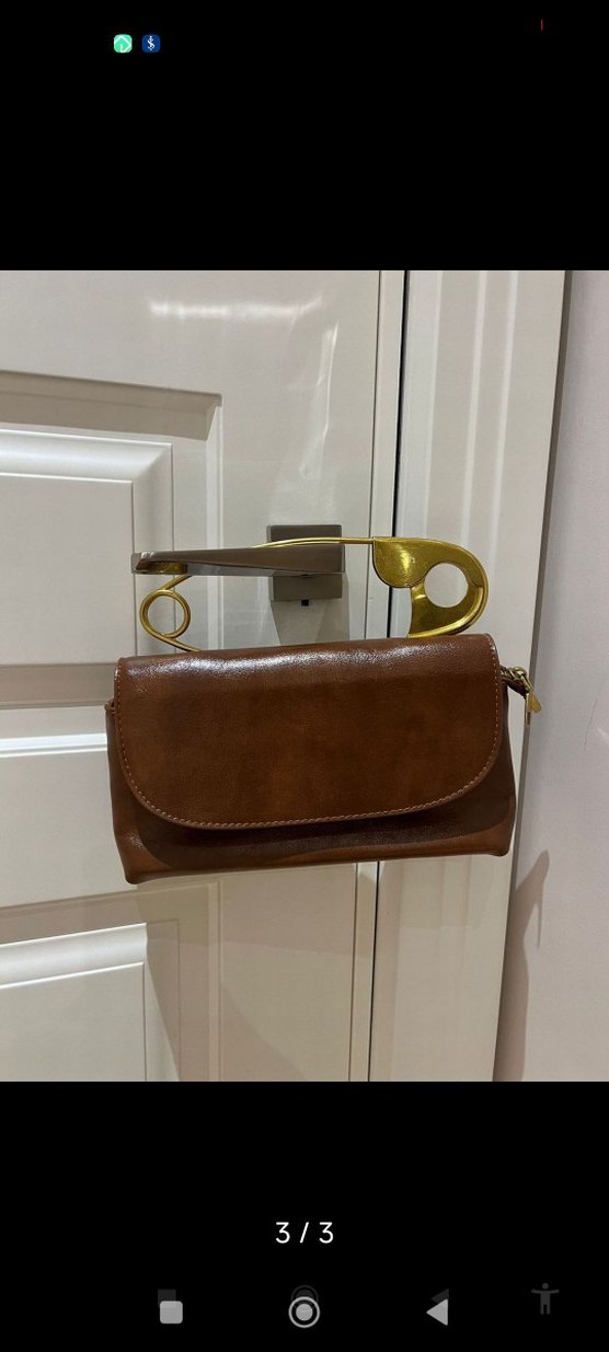 Kahverengi Deri İğne Tokalı Kadın Çanta - Görsel 3