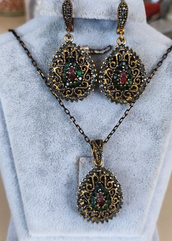 Vintage İşlemeli Osmanlı  taşlı Zincirli  Bronz Kadın Takı Seti - Görsel 6