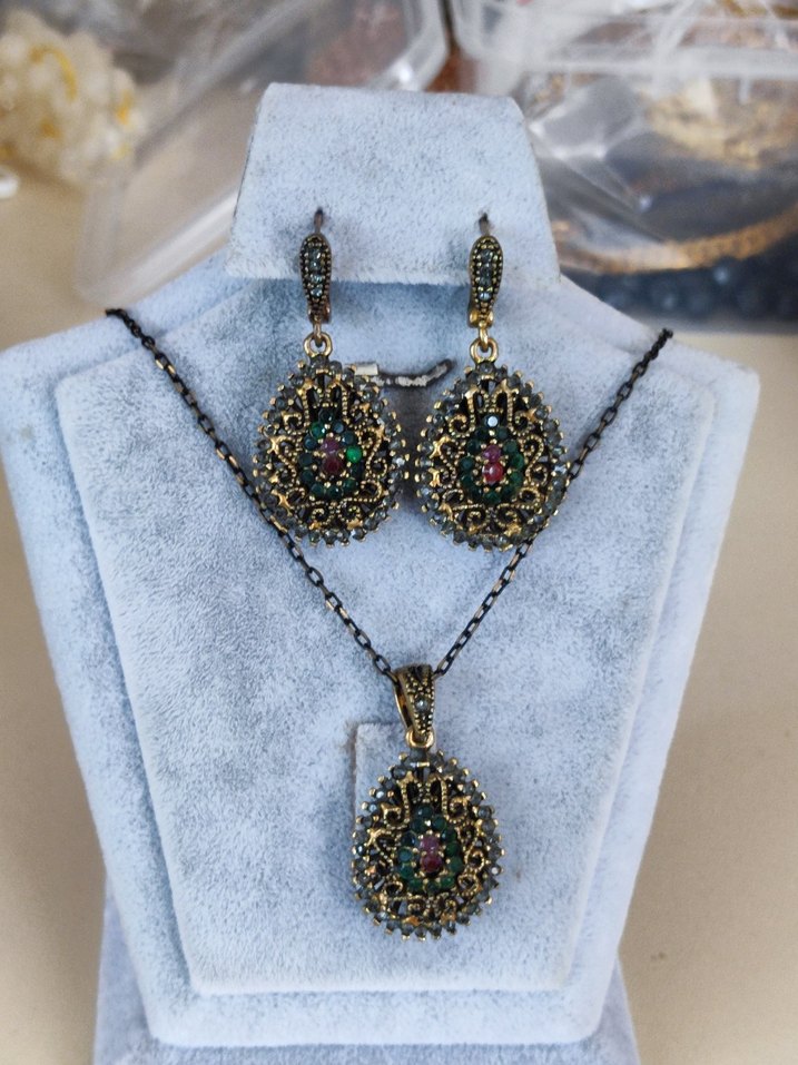 Vintage İşlemeli Osmanlı  taşlı Zincirli  Bronz Kadın Takı Seti - Görsel 3