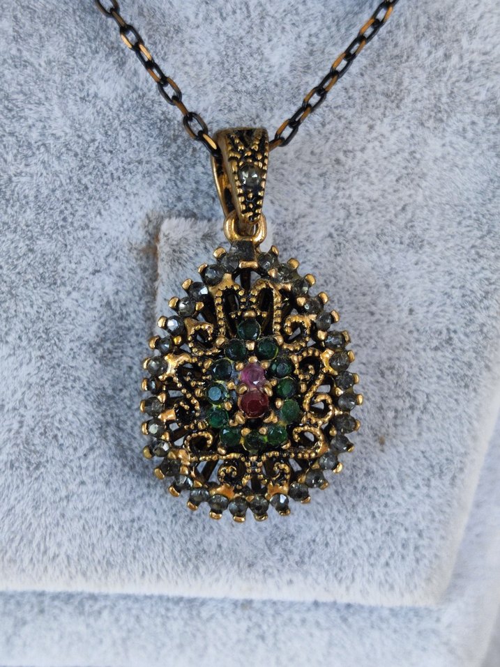 Vintage İşlemeli Osmanlı  taşlı Zincirli  Bronz Kadın Takı Seti - Görsel 2