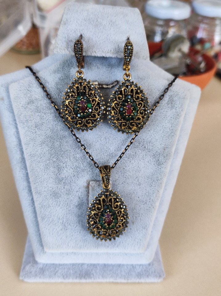 Vintage İşlemeli Osmanlı  taşlı Zincirli  Bronz Kadın Takı Seti - Görsel 5