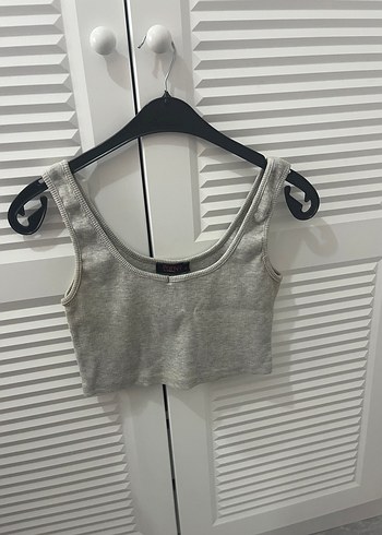 m Beden Gri Keten Kısa Kesim Kadın Crop Top