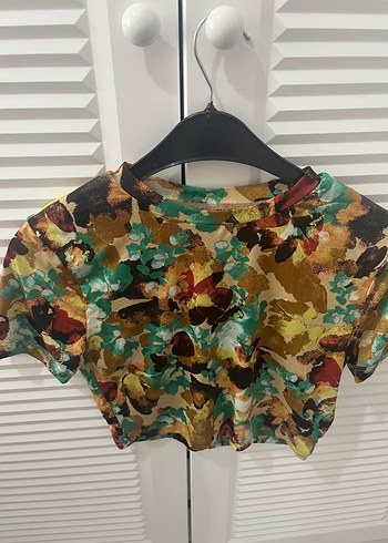 m Beden Renkli Tie-Dye Kısa Kollu Kadın Bluz