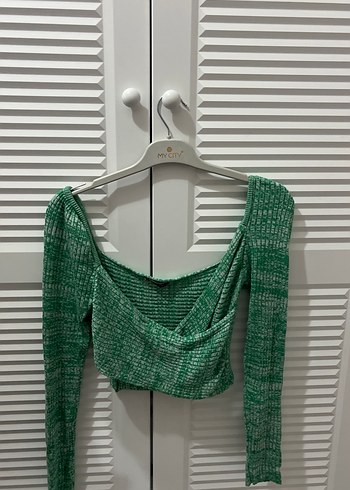 Trendyol & Milla Yeşil Bağlamalı Desenli Triko Crop Bluz