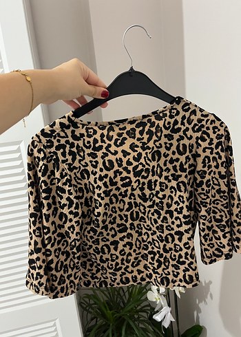 m Beden kahverengi Renk Leopar Desenli V Yaka Kısa Kollu Bluz