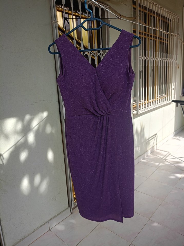 Mor Drapeli Midi Abiye Elbise - Görsel 2