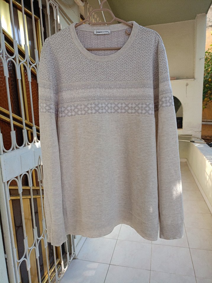 Bej erkek Triko Kazak, Uzun Kollu, Salaş Kesim - Görsel 2