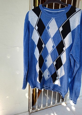 Mavi Gri Baklava Desenli Erkek Triko Kazak - Görsel 2