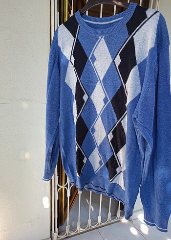 Mavi Gri Baklava Desenli Erkek Triko Kazak - Görsel 3