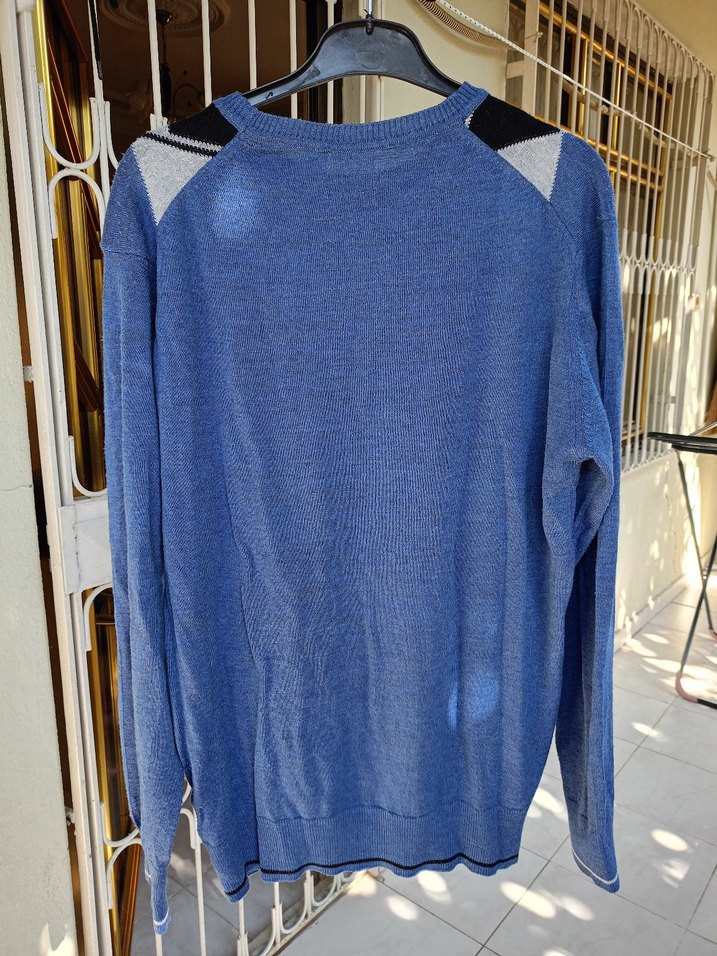 Mavi Gri Baklava Desenli Erkek Triko Kazak - Görsel 4