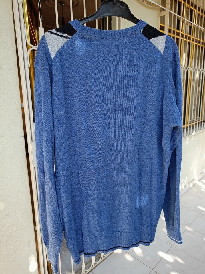 Mavi Gri Baklava Desenli Erkek Triko Kazak - Görsel 5