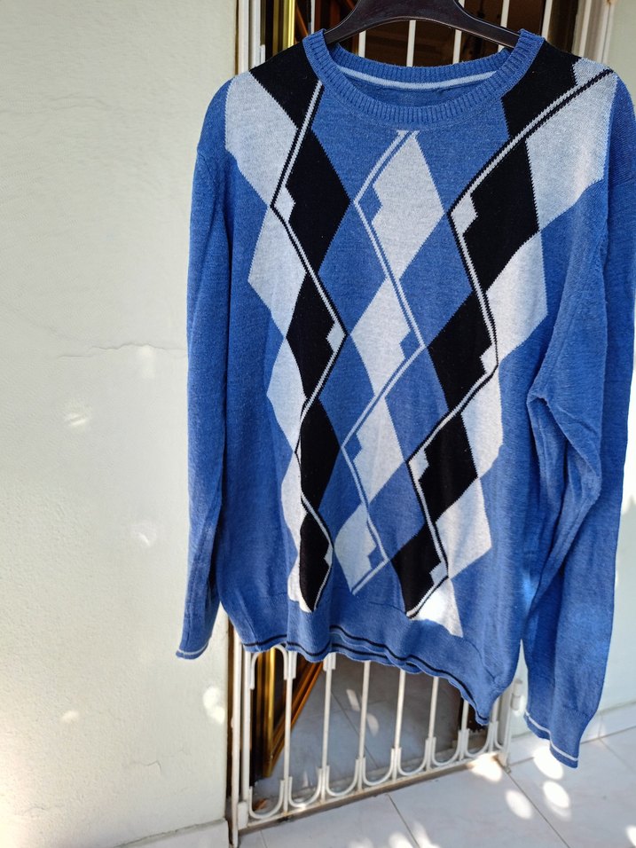 Mavi Gri Baklava Desenli Erkek Triko Kazak - Görsel 2