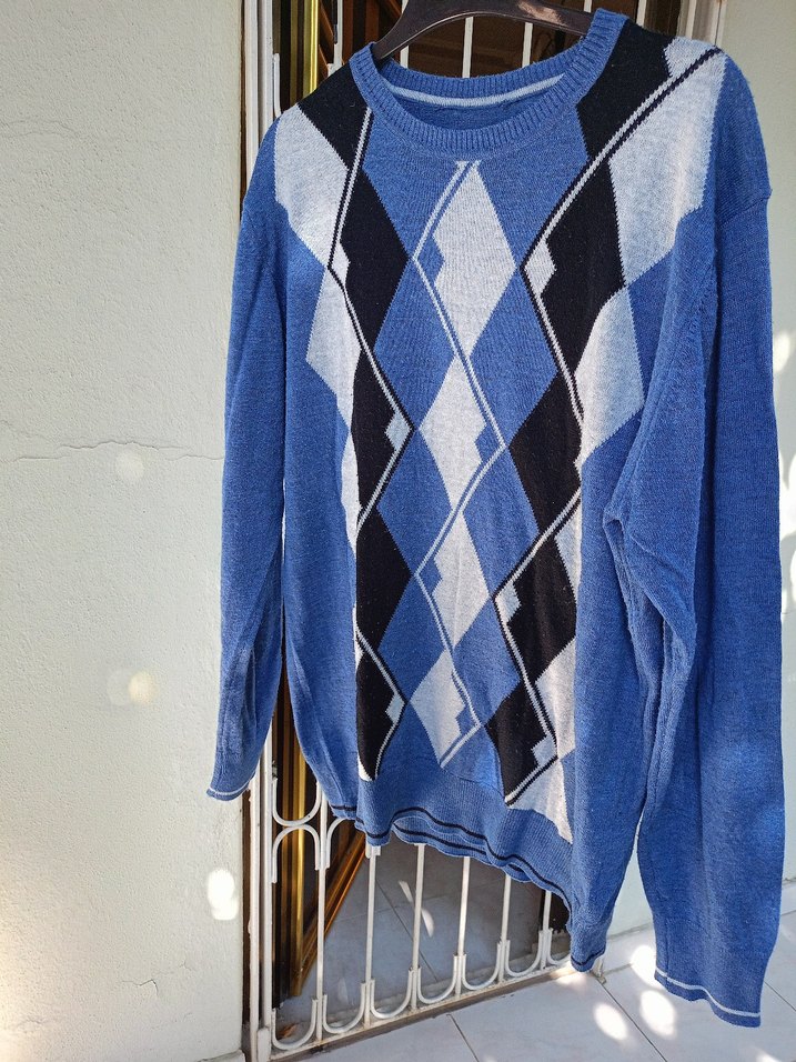 Mavi Gri Baklava Desenli Erkek Triko Kazak - Görsel 3