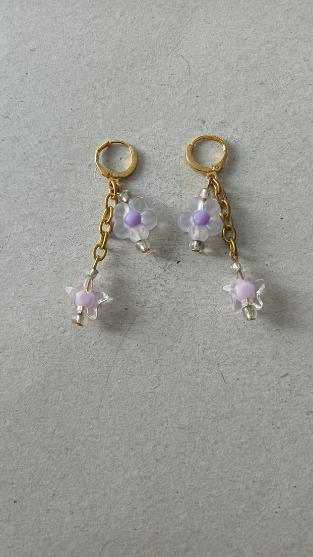 Mini Pastel Mor Boncuklu Çiçek Küpeler - Görsel 2