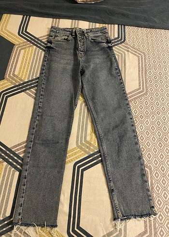 s Beden Düğmeli Batik Desenli Kadın Kot Pantolon
