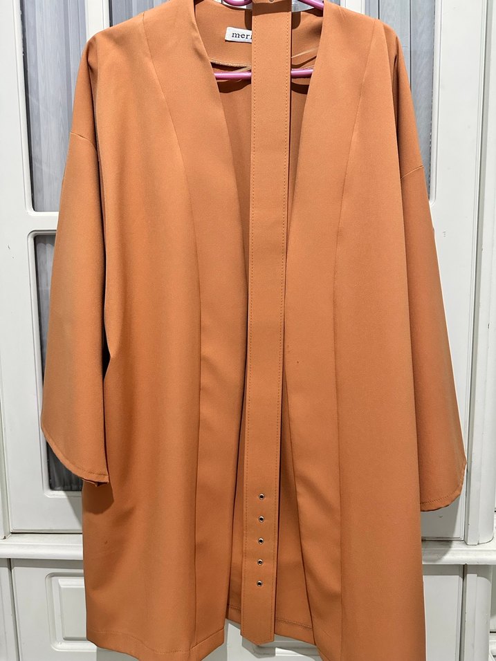 Kemerli Midi Kiremit Kadın Ceket - Görsel 3