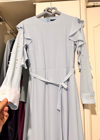 Mavi Fermuarlı Regular İnci - Fırfırlı Abiye - Görsel 4