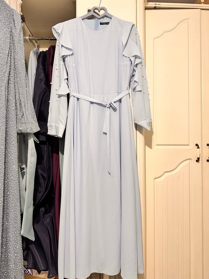 Mavi Fermuarlı Regular İnci - Fırfırlı Abiye - Görsel 2