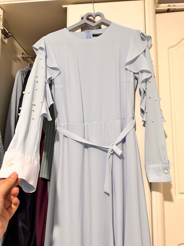 Mavi Fermuarlı Regular İnci - Fırfırlı Abiye - Görsel 4