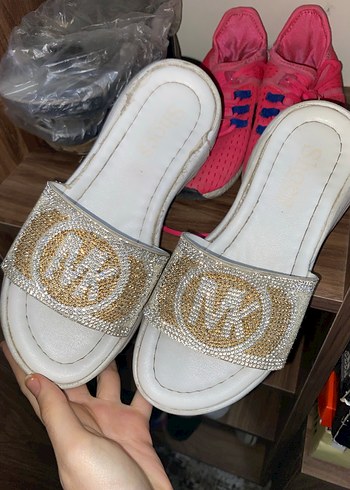 Beyaz Payetli Platform Topuklu Kadın Terlik - Görsel 2