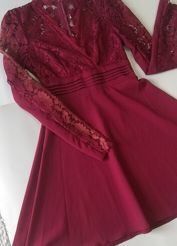 s Beden bordo Renk Kolları Güpürlü Elbise