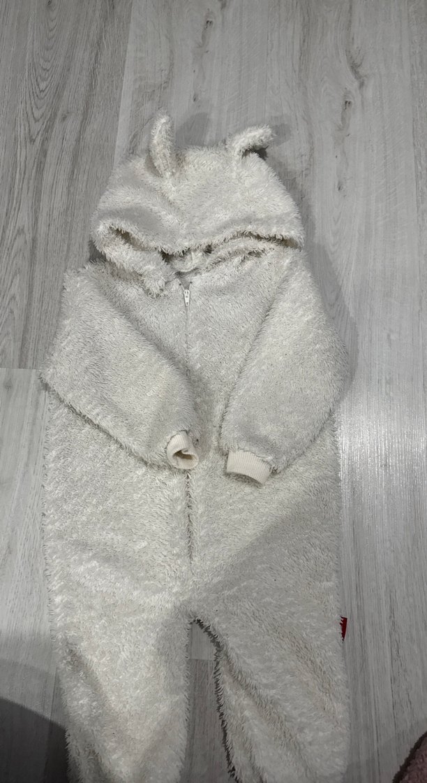 Kürk Detaylı Kapüşonlu beyaz Bebek Tulumu - Görsel 3