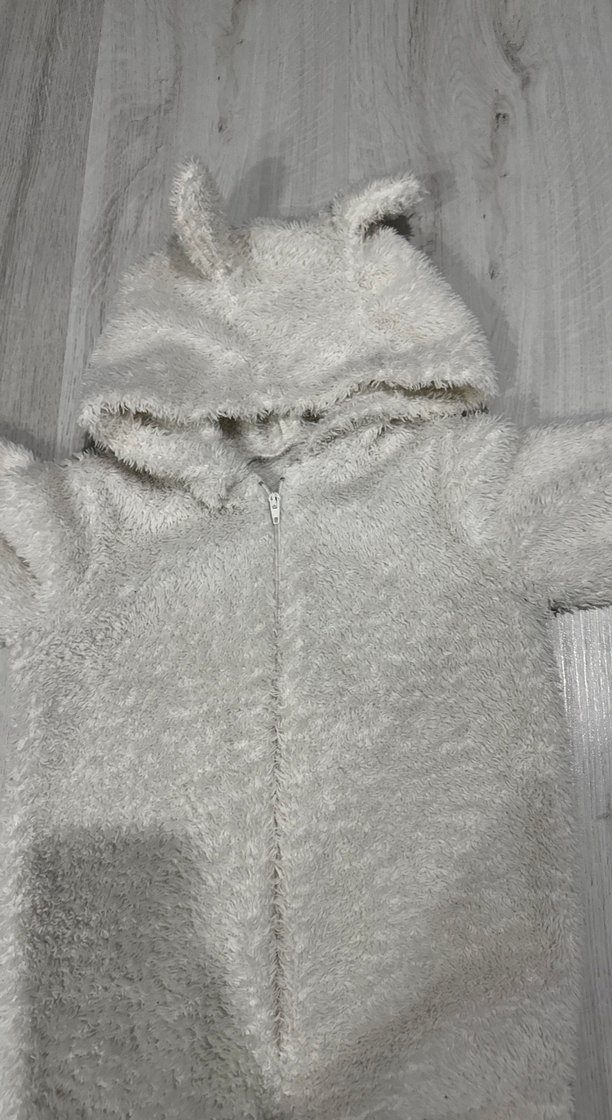 Kürk Detaylı Kapüşonlu beyaz Bebek Tulumu - Görsel 2