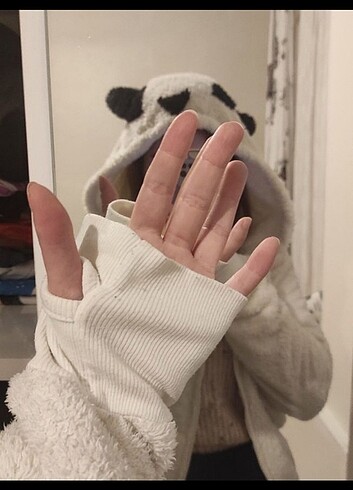 Panda Kapüşonlu Beyaz Hırka 