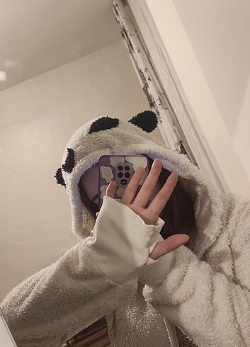 m Beden Panda Kapüşonlu Beyaz Hırka