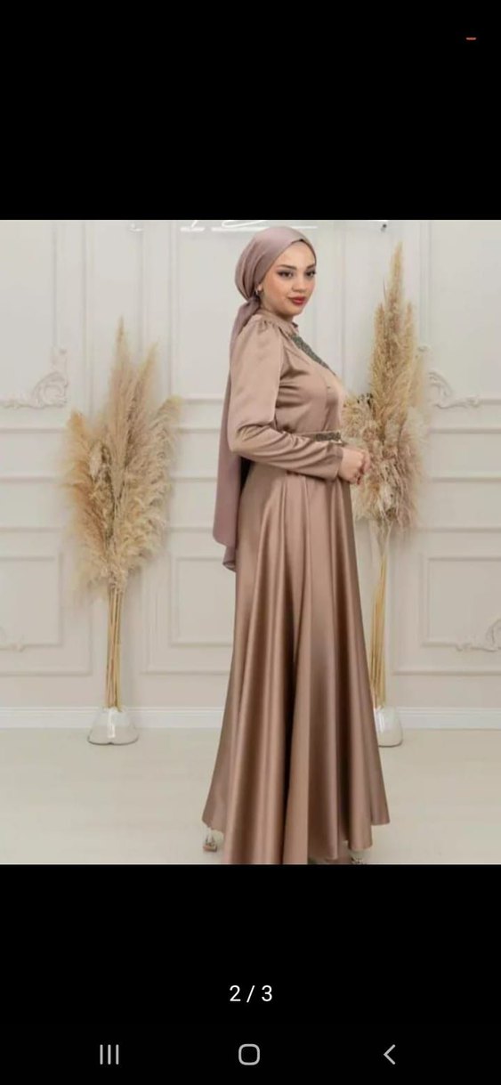 Bej Nakışlı Uzun Kollu Tesettür Abiye - Görsel 2