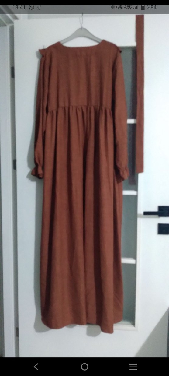 Uzun Kahverengi Nakışlı Bohem Elbise - Görsel 3