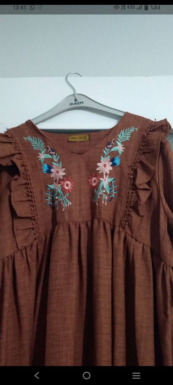 Uzun Kahverengi Nakışlı Bohem Elbise - Görsel 2