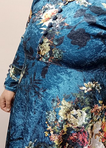 Uzun Mavi Desenli Bohem Elbise - Görsel 4