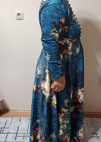 Uzun Mavi Desenli Bohem Elbise - Görsel 2