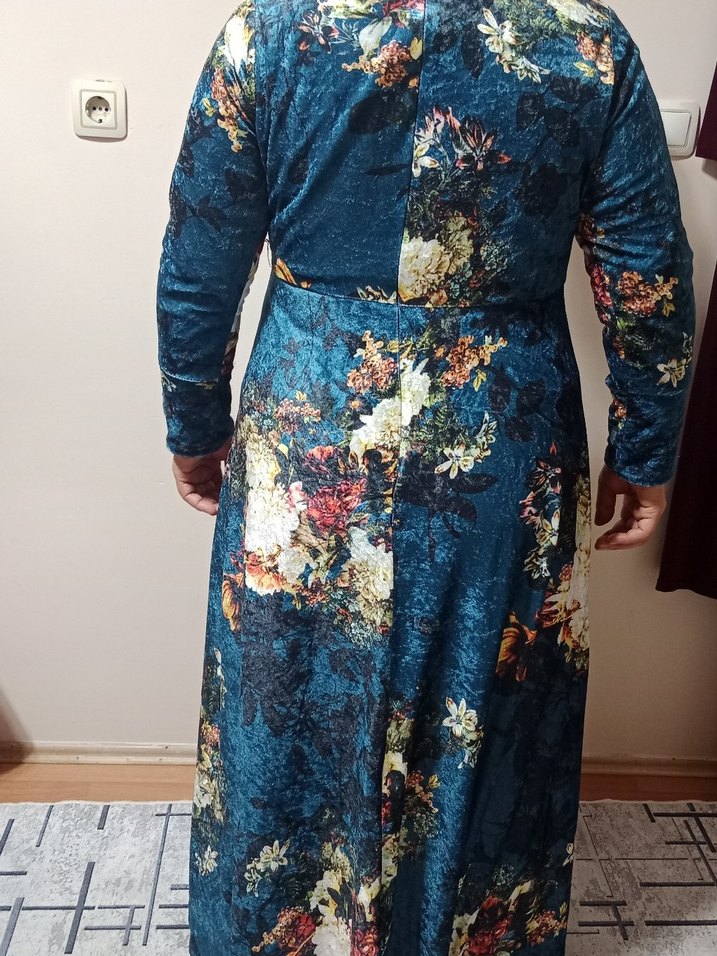 Uzun Mavi Desenli Bohem Elbise - Görsel 3