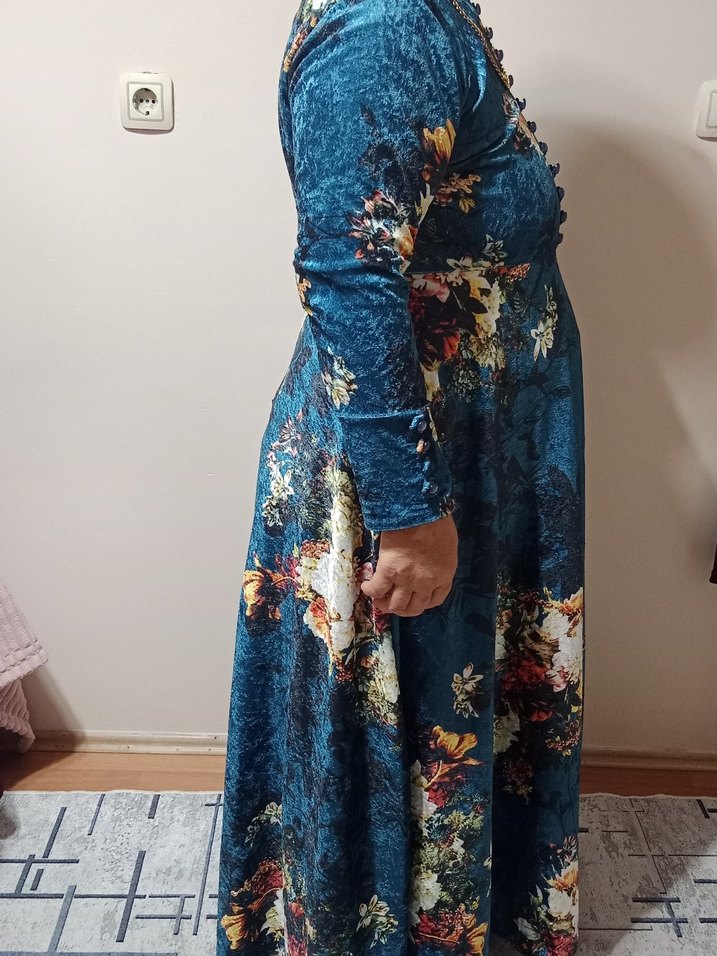 Uzun Mavi Desenli Bohem Elbise - Görsel 2