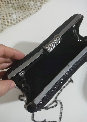 Zincir Detaylı Siyah simli Desenli Kadın Clutch Çanta - Görsel 3