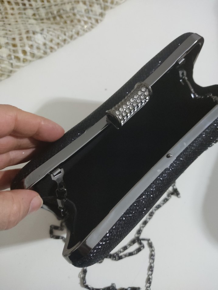 Zincir Detaylı Siyah simli Desenli Kadın Clutch Çanta - Görsel 3