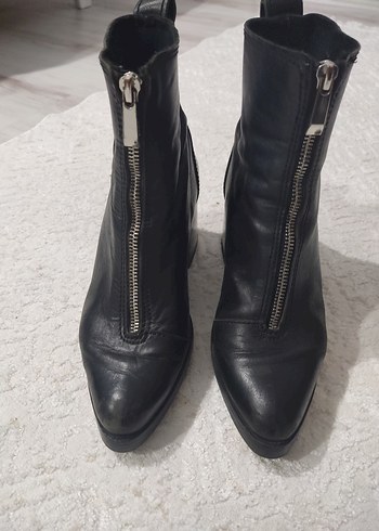 siyah Deri Fermuarlı kalin Topuklu Kadın Bot - Görsel 4