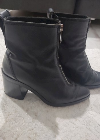 siyah Deri Fermuarlı kalin Topuklu Kadın Bot - Görsel 6