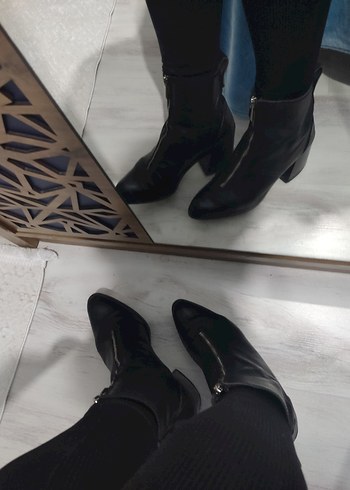 siyah Deri Fermuarlı kalin Topuklu Kadın Bot - Görsel 2