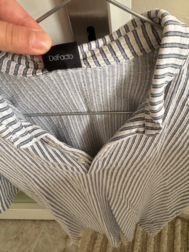 Gri Çizgili Keten Polo Tişört - Görsel 2