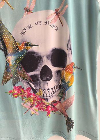 Philipp Plein Turkuaz Dantel Detaylı Baskılı Kadın Tişört
