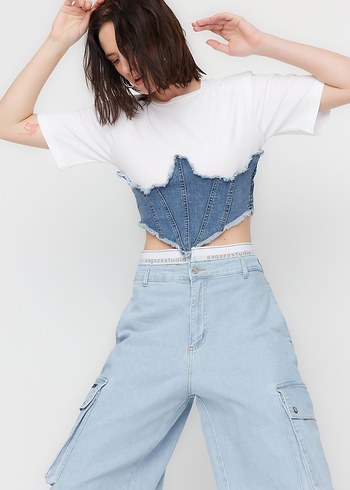 Beyaz Denim Bağcıklı Kısa Crop Top