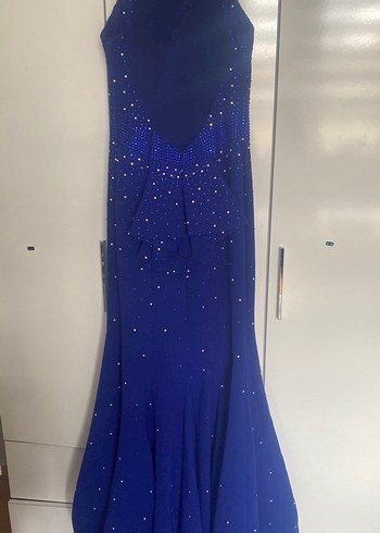 Boncuk Detaylı Uzun Mavi Abiye Elbise - Görsel 8