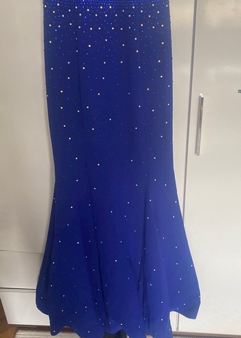 Boncuk Detaylı Uzun Mavi Abiye Elbise - Görsel 3