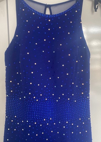 Boncuk Detaylı Uzun Mavi Abiye Elbise - Görsel 2