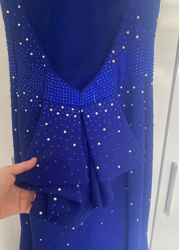 Boncuk Detaylı Uzun Mavi Abiye Elbise - Görsel 6