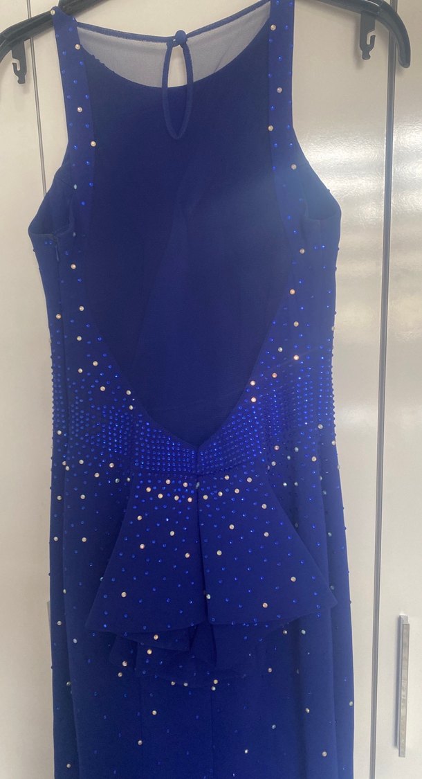 Boncuk Detaylı Uzun Mavi Abiye Elbise - Görsel 5